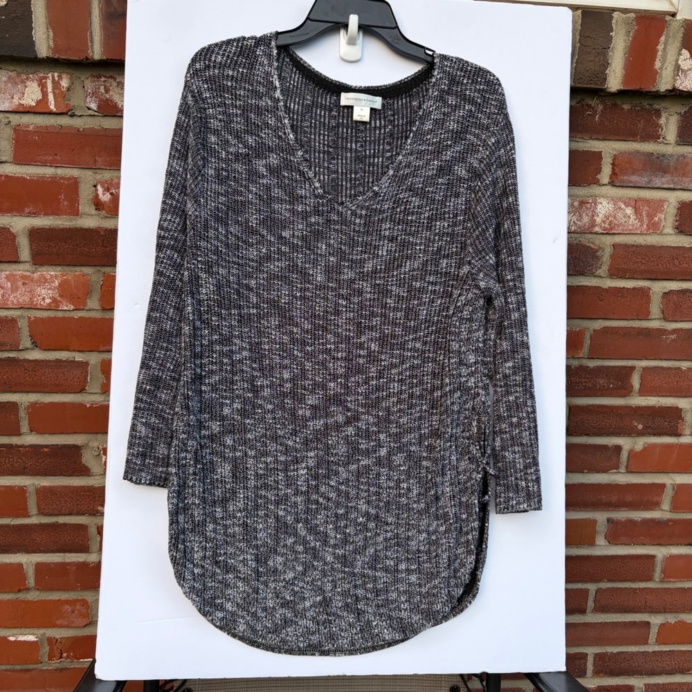 Christopher & Banks Womens XL Marled Knit V-Neck Tunic Sweater Black White